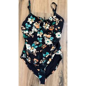 Niptuck Swim Black Floral One Piece Swimsuit Ruched Tummy Control US 8 Multi Cup